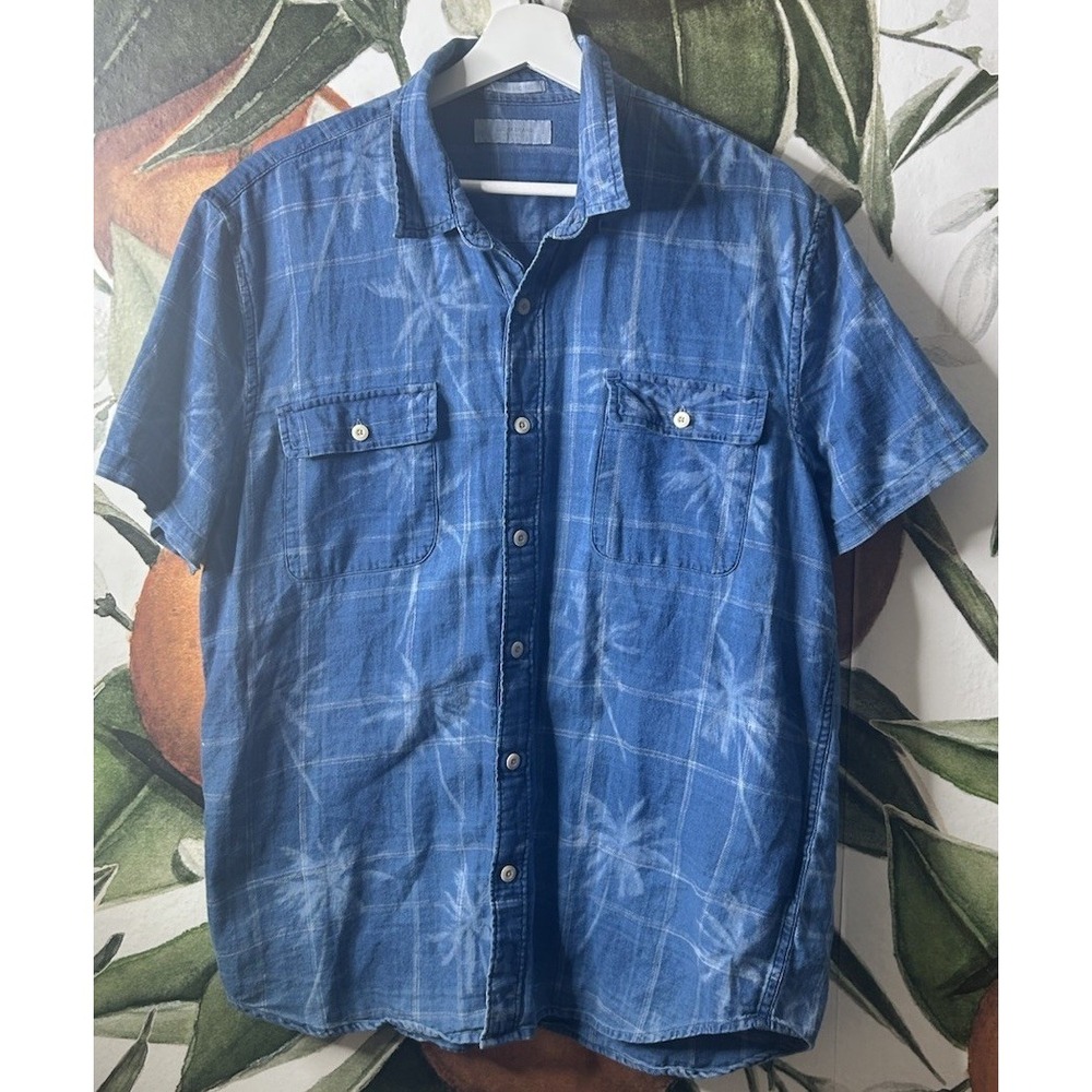 Lucky Brand Mens Large Blue Cotton Buton Down Plaid Short Sleeve Shirt Casual